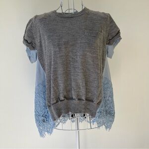 Sacai crew neck wool short sleeve sweater top lace details grey baby blue SZ 2/M